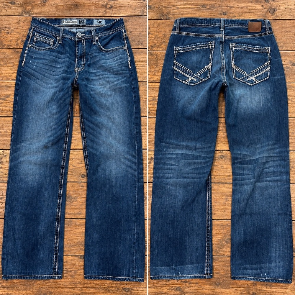 BKE Tyler Straight Leg Jeans Mens 34R Medium Wash Distressed Grunge Western Y2K